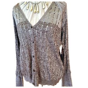 New gorgeous shimmery Vera Wang Button Up knit Cardigan sweater brown / silver